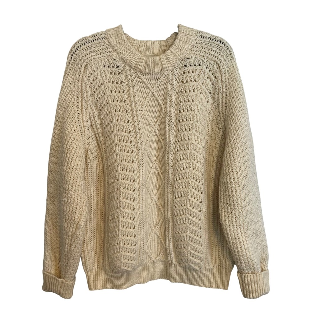 British Woolen Knitters Cream Pure Virgin Wool Cable Knit Sweater Canada Sz 40